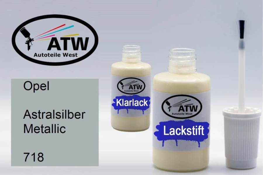 Opel, Astralsilber Metallic, 718: 20ml Lackstift + 20ml Klarlack - Set, von ATW Autoteile West.